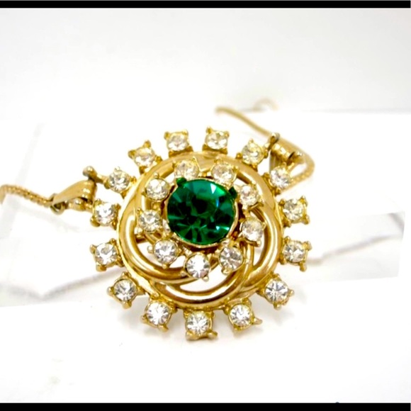 Vintage Van Dell 1/20 12K GF Necklace-Brooch & Earrings Green Rhinestones - Picture 2 of 11
